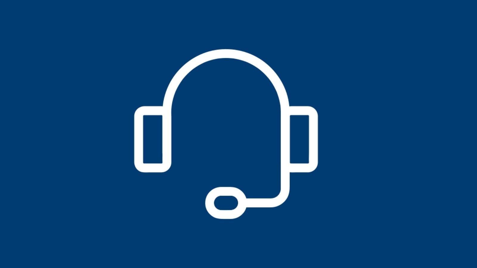 Icon of a white headset on a dark blue background.
